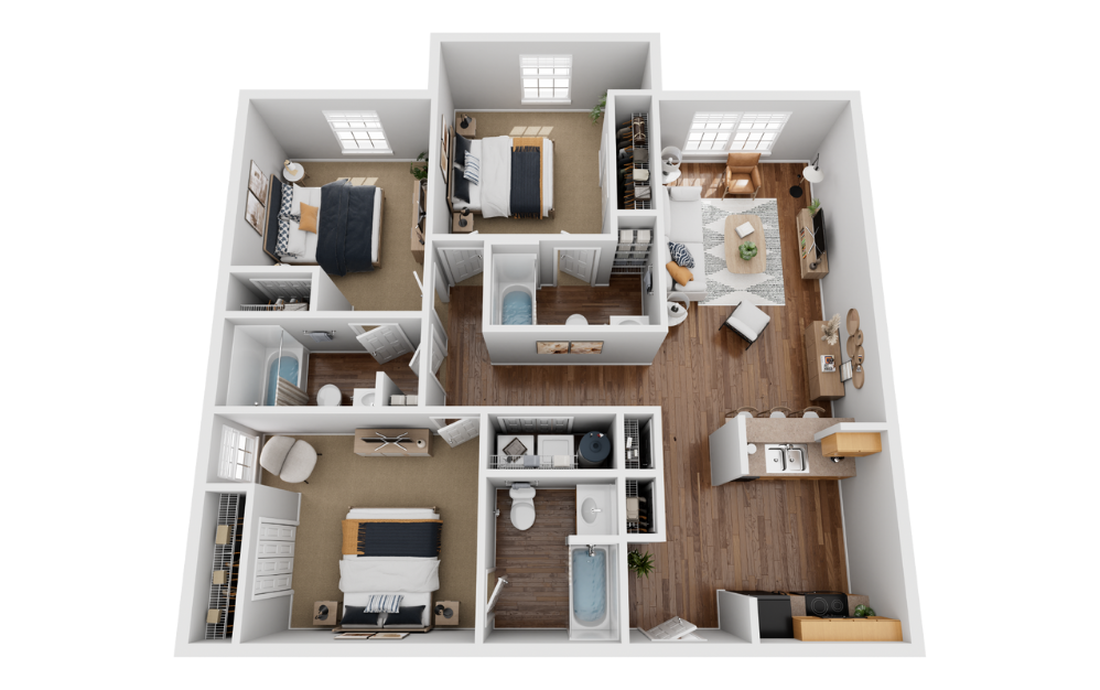 Floor plan of a three bedroom unit that is furnished