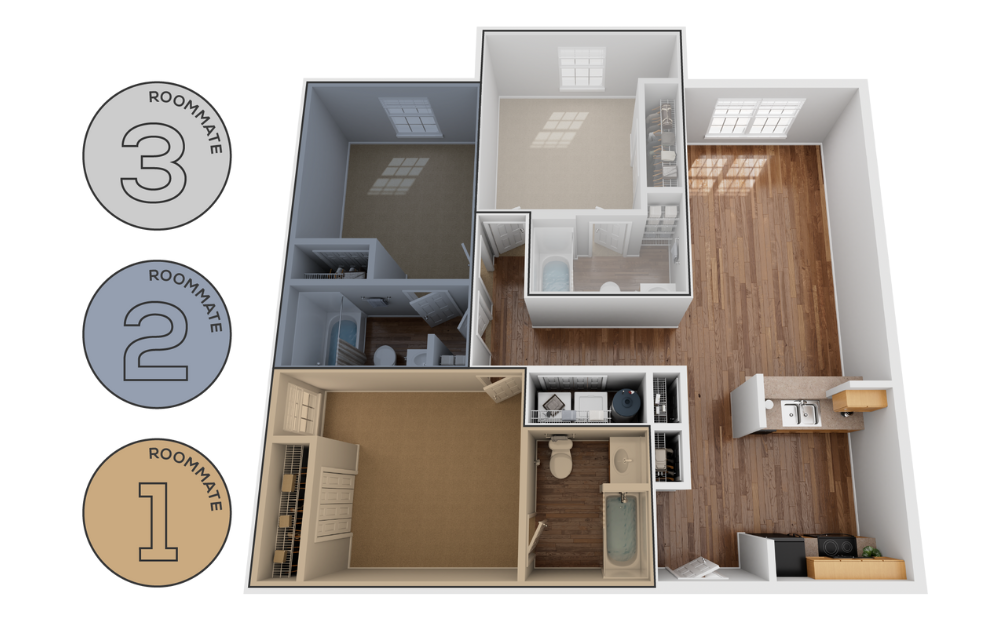 Floor plan of a three bedroom unit that has private rooms and bathrooms