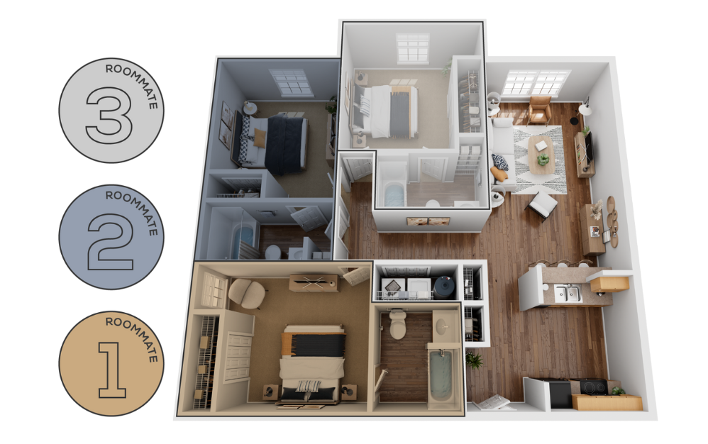 Floor plan of a three bedroom unit that has private rooms and bathrooms